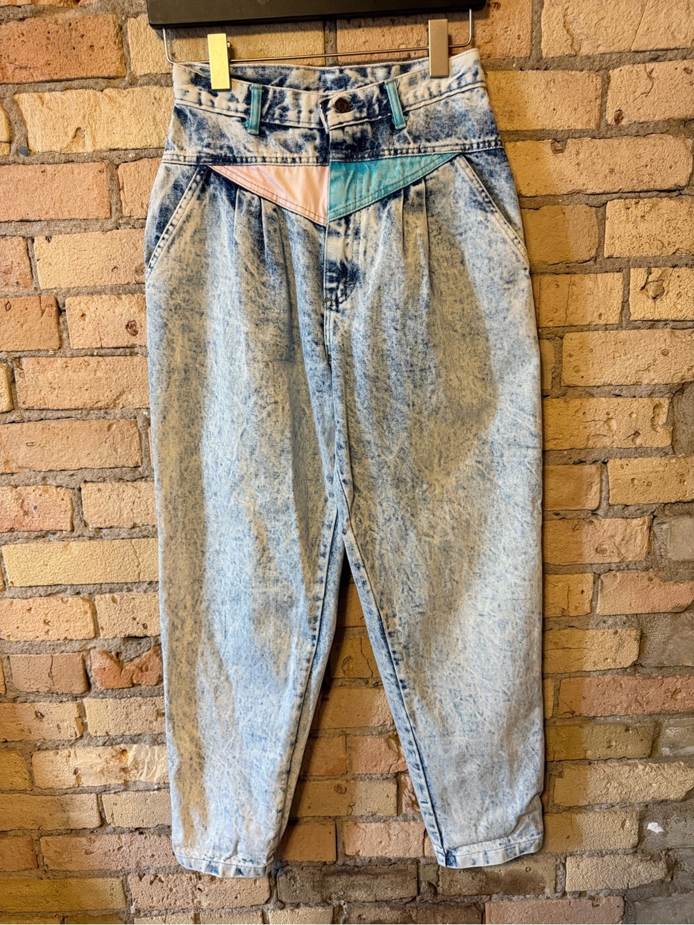 High-Rise Acid Wash Jeans with Pink & Teal Panel